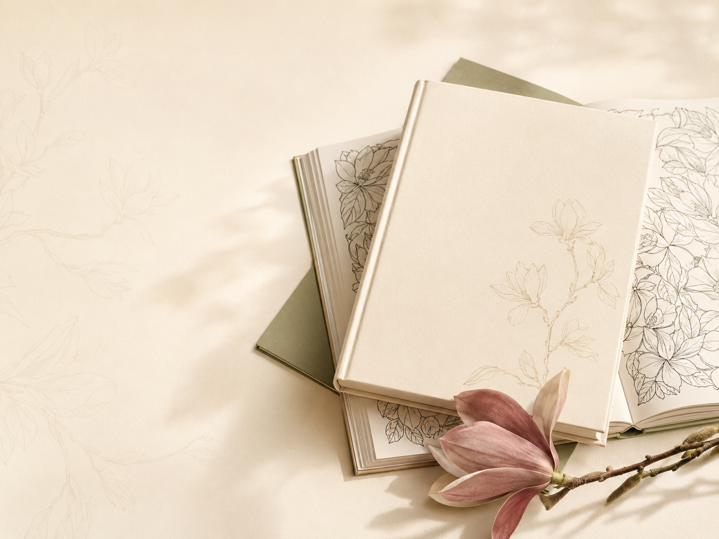 Open coloring books and a magnolia flower in warm natural light